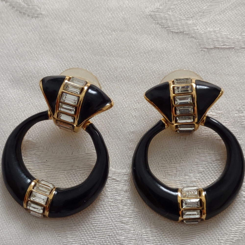 Rare Monet vintage black Enamel crystals gold tone hoop knocker studs